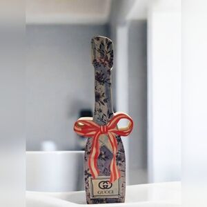 NEW Champagne Bottle Floral with Pink Bow Home Wood Art Plaque Stand 13"x4"x1"